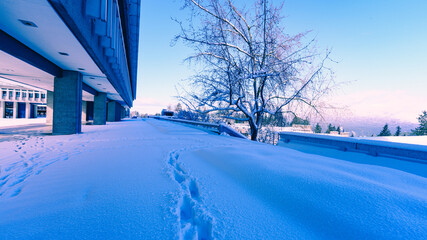 Footprints in the snow on the grounds of Simon Fraser University, Burnaby, BC.