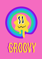 Groovy Smiley Melting Face Neon Pink Print Funky Colourful Poster. Rainbow circle waves. Aesthetic 90s Trend, Trippy Unreal Face, Acid Warped Wavy, Psychedelic Smile. Vector template in y2k style.