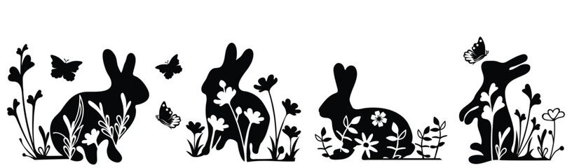 Set of silhouettes of bunny with flowers. Happy Easter banner, poster, postcard, greeting card. Trendy Easter design with typography, bunnies, flowers, eggs, bunny ears