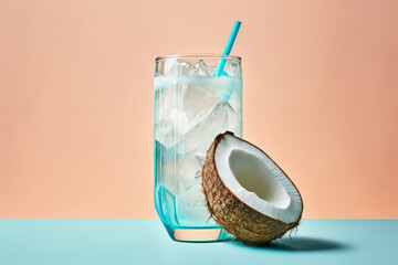 3d glass of coconut water illustration with a pastel backdrop made by generative ai