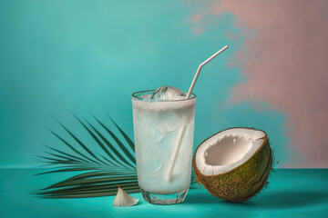 3d glass of coconut water illustration with a pastel backdrop made by generative ai
