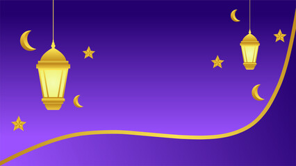 Ramadan background with lantern and star crescent for islamic design. Shiny purple background element with golden ornament for desain graphic ramadan greeting in muslim culture and islam religion
