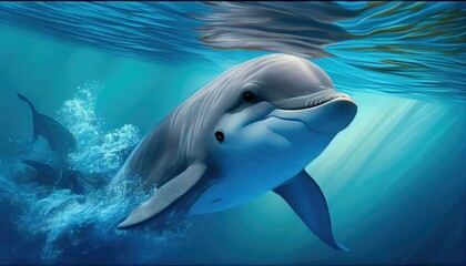 Fototapeta premium Cute dolphin swimming in ocean, water splashes behind it created with Generative AI