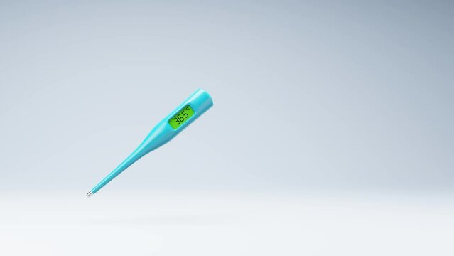 Clinical Digital Thermometer Spinning on a Studio Light Gray Background, Seamless Loop 3D Animation with Copy Space