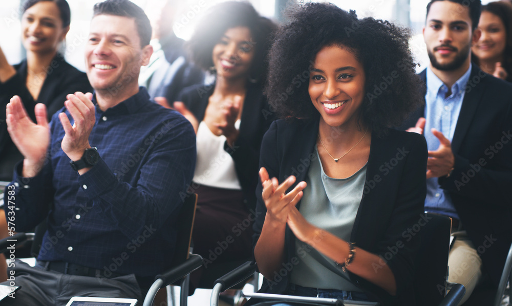 Aufkleber when you know youve reached everyone in the room. shot of a group of businesspeople clapping while a