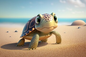Obraz premium Cute Cartoon Turtle on a Beach (Generated with AI)