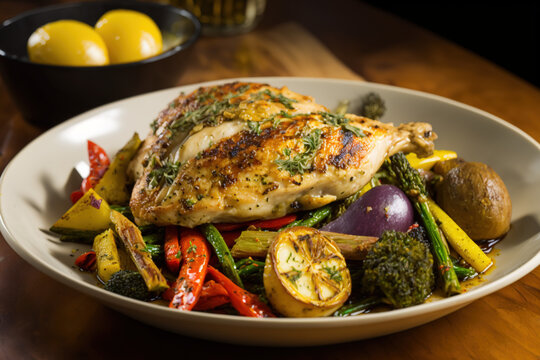 Crispy roast chicken with vegetables. generate by ai