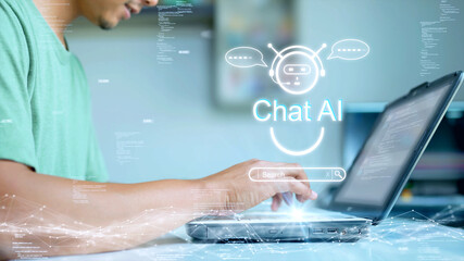 The concept of a person using a computer to connect to Chat AI technology to help process the required information. artificial intelligence intelligent assistant in cyber consulting inquiries.