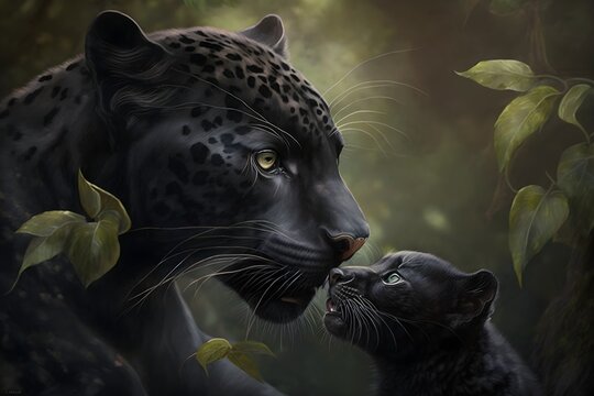 Wallpaper Illustration and background of black panther mother and her calf together, in a natural habitat, realistic illustration. Front view. Concept of Mother's day, wild world. Generative AI.