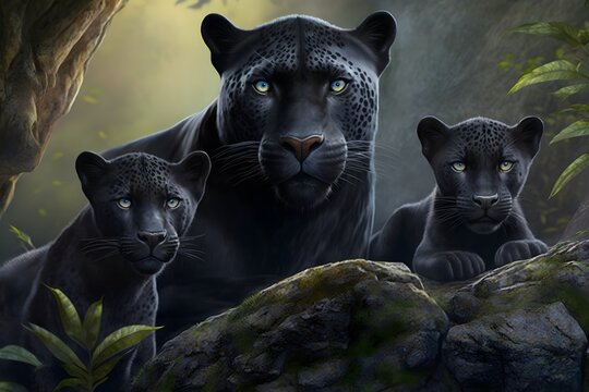 Wallpaper Illustration and background of black panther mother and her calf together, in a natural habitat, realistic illustration. Front view. Concept of Mother's day, wild world. Generative AI.