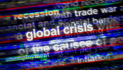 Global crisis inflation unemployment trade war recession news titles 3d illustration