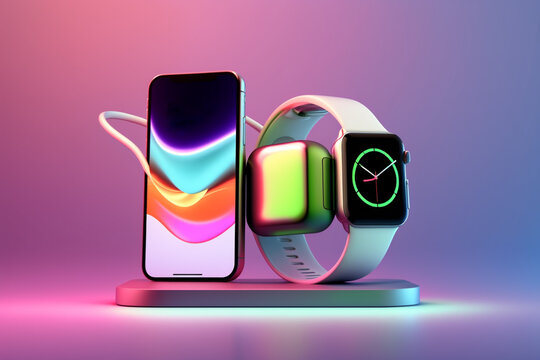 Reverse Bilateral Wireless Charging Concept. iPhone and Apple Watch. Editorial 3D Illustration Concept  