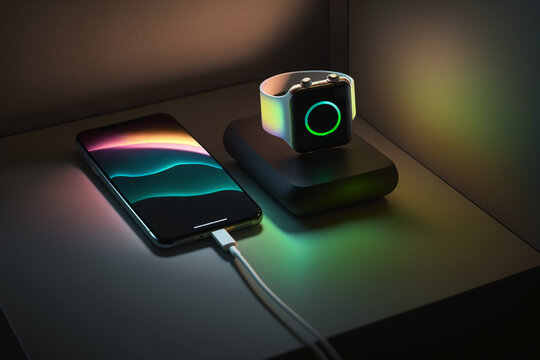 Reverse Bilateral Wireless Charging Concept. iPhone and Apple Watch. Editorial 3D Illustration Concept  