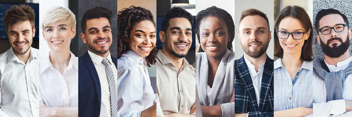 Happy multiethnic young people in formal outwear, set of headshots