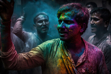 Crowd throwing bright coloured powder paint in the air, Holi Festival,generative ai.