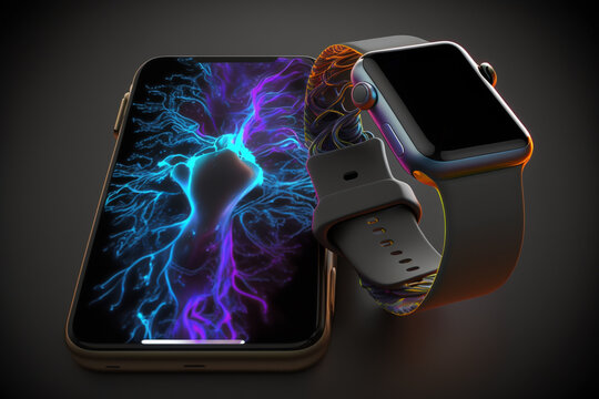 Reverse Bilateral Wireless Charging Concept. iPhone and Apple Watch. Editorial 3D Illustration Concept  