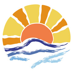 Vintage Sun Retro. Retro sunset or sunrise circle with gradient  color. Sun and Waves icon logo vector symbol illustration design, vintage logo for business company design. 90s poster 