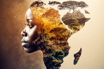 Multiple exposure of a beautiful african woman and map of africa - Ai generative - 576350955