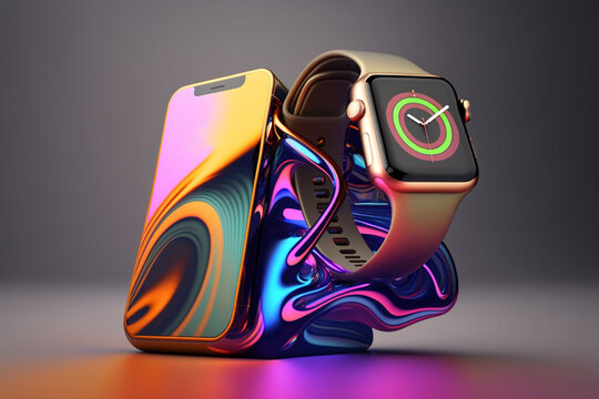 Reverse Bilateral Wireless Charging Concept. iPhone and Apple Watch. Editorial 3D Illustration Concept  