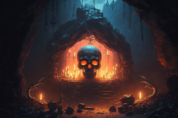skulls with candles in cave. satanic ritual. generative ai