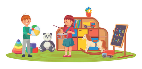 Kids in playing room with toys and musical instrument