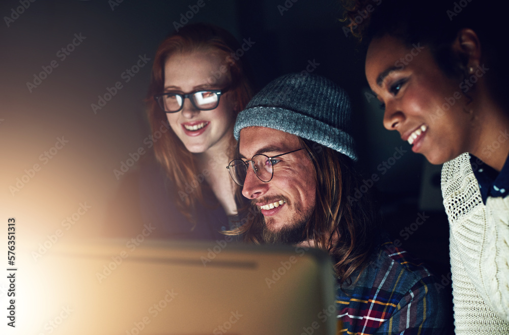 Poster Startup, office computer and happy people reading web design code, cloud computing software or app UI system. Website SEO, social media data review or face of night team collaboration on UX interface