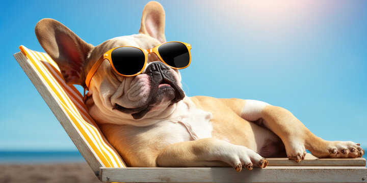 french bulldog dog with sunglasses sunbathing and sleeping on sun lounger. summer and vacation concepts. generative ai