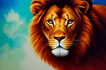 A beautiful drawing of a lion with a majesticaly peaceful expression. Colorful magic lion, cartoon style painting. Generative ai art illustration
