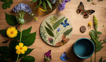  a wooden table topped with a plate covered in flowers and butterflies.  generative ai