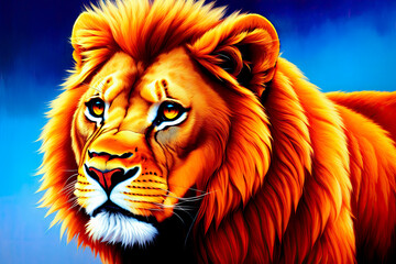 Fototapeta premium A beautiful drawing of a lion with a majesticaly peaceful expression. Colorful magic lion, cartoon style painting. Generative ai art illustration