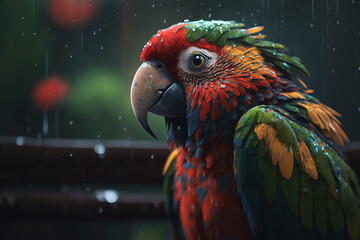 Colorful red wet parrot in jungle. Portrait tropical exotic bird in rain in nature. Generative AI illustration