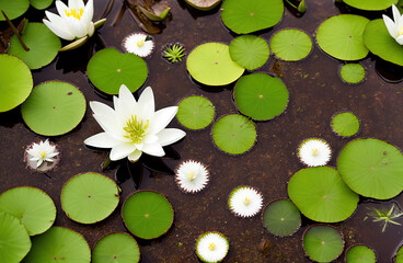 Lilies in the water swamp, water lilies green color on the water surface. A beautiful view of the Swiss swamps. Generative AI.