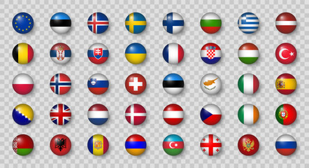 3D round flags of Europe countries. Vector illustration.