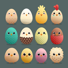 Easter eggs. Collection of Easter eggs in the form of chickens. Funny chickens in the form of eggs for easter