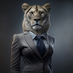 Female Artic Lion in Formal Business Suit, Creative Stock Image of Female Animal in Formal Business Suit. Generative AI - obrazy, fototapety, plakaty