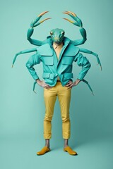 Fototapeta premium Abstract retro, vintage portrait in yellow, orange blue pastel colors. Cancer man in old-fashioned styling stands and poses. Horoscope cancer concept. Generative AI.