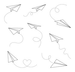 Paper planes with trails. Vecot illustration of flying origami airplanes.