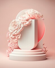 Spring pastel pink product podium with fresh, beautiful flowers. Place for empty product space. Gentle colors. Generative AI.
