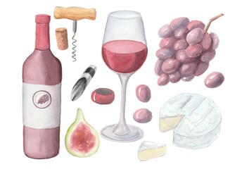 Watercolor set including bottle of wine and grapes, bottle opener, cheese, figs, isolated items on white background