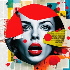 Abstract creative retro but contemporary pop art collage concept of female lips, red elegant lipstick. Colorful vivid vintage background. Generative AI. - obrazy, fototapety, plakaty