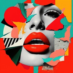 Abstract creative retro but contemporary pop art collage concept of female lips, red elegant lipstick. Colorful vivid vintage background. Generative AI. © Uncanny Valley
