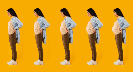 Full length shot of woman with different stages of pregnancy standing over yellow studio...