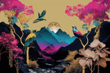 Colorful vivid vintage background. Creative retro but contemporary pop art collage style of Spring mountains and flowers concept, flora and fauna. Generative AI.
