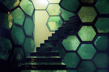 Hexagon Honeycomb Futuristic Fantasy Stair Background Wallpaper | Generative Ai