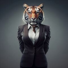 Female Tiger in Formal Business Suit, Creative Stock Image of Female Animal in Formal Business Suit. Generative AI