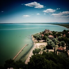 Fototapeta premium summer balaton top view, hungary europe photorealistic water blue white clouds houses lake trees Generative AI 