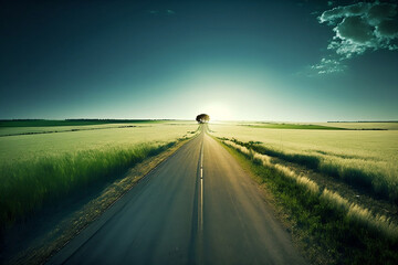 Endless road along green grassland, blue sky, sun raise. Generative AI.