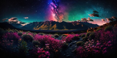 Fototapeta na wymiar Colorful vivid background. High strong mountains in night, dark sky, stars, neon light colors and collisions of galaxies. Space night northern lights, an amazing sight. Generative AI.