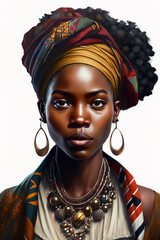 Portrait of a beautiful young african woman wearing traditional attire on white background, african woman with a colorful shawl on head, ethnic african style, generative ai