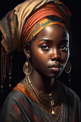 Naklejka na ściany i meble Portrait of a beautiful young african woman wearing traditional attire, african woman with a colorful shawl on head, ethnic african style, generative ai